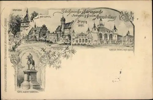 Ganzsachen Litho Leipzig, Sächs. Thür. Ausstellung 1897, König Albert Denkmal, Große Industriehalle