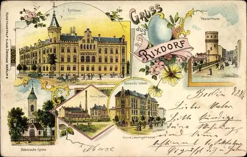 Litho Berlin Neukölln Rixdorf, Rathaus, Wasserturm, Gemeindeschule, Böhmische Kirche, Pumpstation