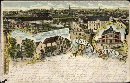 Litho Bünde in Westfalen, Totalansicht, Stadtgarten, Kriegerdenkmal