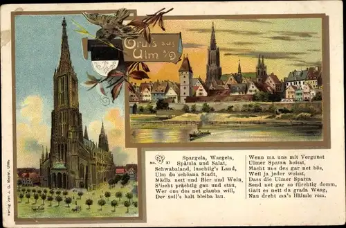 Litho Ulm an der Donau, Dom, Gesamtansicht, Stadtpanorama, Uferpromenade, Dampfschiff