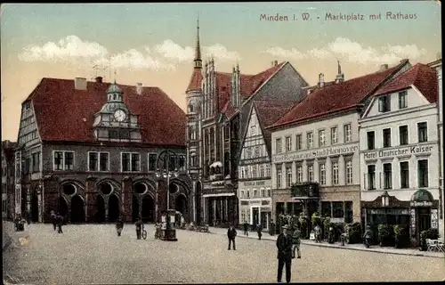 Ak Minden in Westfalen, Marktplatz mit Rathaus, Hotel Deutscher Kaiser, Hotel-Restaurant Stadt Hann.