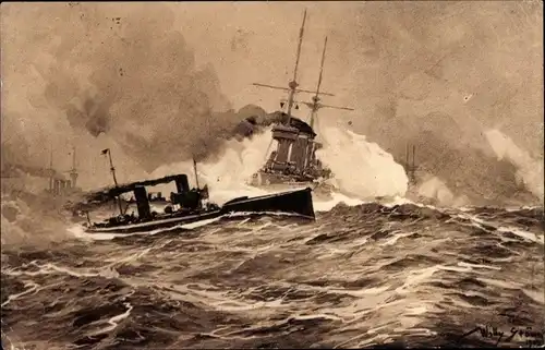 Künstler Ak Stöwer, W., Torpedoboots-Angriff in der Nordsee