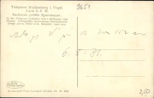 Ak Muldenberg Grünbach im Vogtland, Talsperre Muldenberg, Sachsens größte Sperrmauer