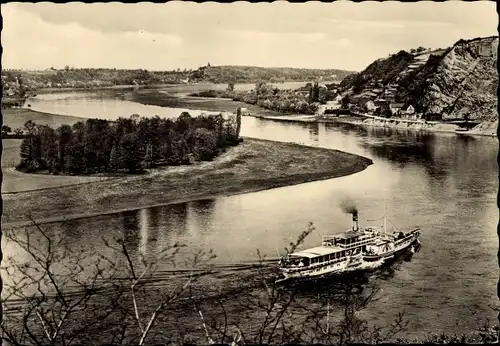 Ak Diesbar Seußlitz Nünchritz an der Elbe, Dampfer Einheit, Der große Elbebogen am Bösen Bruder