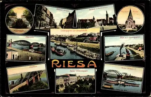 Ak Riesa an der Elbe Sachsen, Rathaus, Kirche, Elbbrücke, Dampfer, Landungsplatz