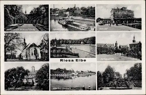 Ak Riesa an der Elbe Sachsen, Bahnhof, Rathausplatz, Landungsplatz, Klosterkirche, Freitreppe