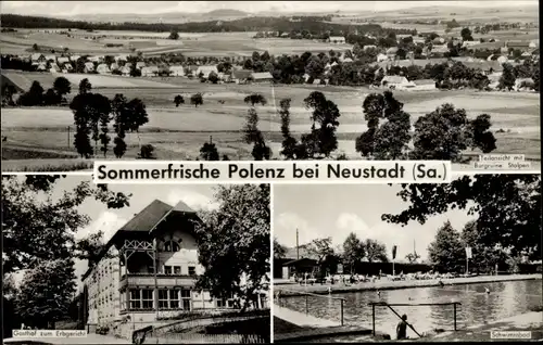 Ak Polenz Neustadt in Sachsen, Teilansicht mit Burgruine Stolpen, Schwimmbad, Gasthof zum Erbgericht