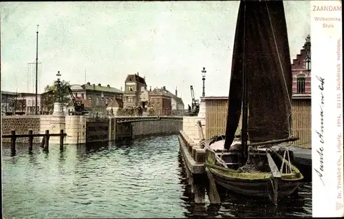 Ak Zaandam Zaanstad Nordholland, WIlhelmina Sluis, Segelboot