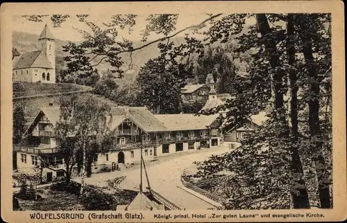 Ak Międzygórze Wölfelsgrund Schlesien, Kgl. prinzl. Hotel Zur guten Laune, ev. Kirche