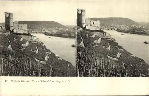Stereo Ak Bingen am Rhein, Blick auf den Ort und Burg Ehrenfels, Ruine