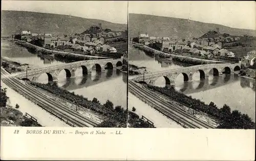 Stereo Ak Bingen am Rhein, Blick auf den Ort und die Nahe, Brücke