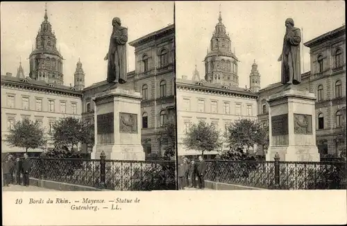 Stereo Ak Mainz am Rhein, Statue de Gutenberg
