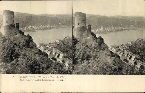 Stereo Ak St. Goar am Rhein, St. Goarshausen, Burg Katz, Bords du Rhin, La Tour du Chat