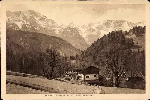 Ak Garmisch Partenkirchen in Oberbayern, Graseck, Forsthaus mit Dreitorspitze
