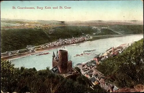 Ak Sankt Goarshausen am Rhein, Burg Katz und Blick auf St. Goar