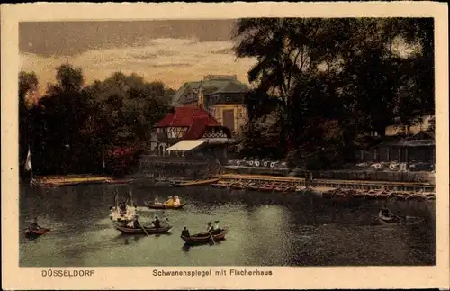 Ak Düsseldorf am Rhein, Schwanenspiegel mit Fischerhaus, Boote