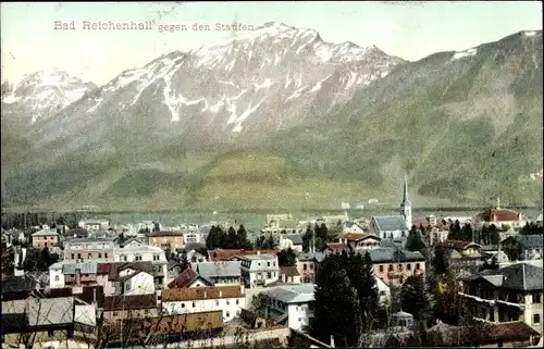 Ak Bad Reichenhall in Oberbayern, Blick über die Dächer der Stadt auf den Staufen, Kirche