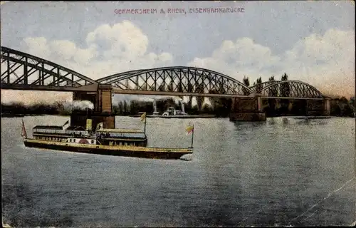 Ak Germersheim am Rhein, Eisenbahnbrücke, Dampfschiff