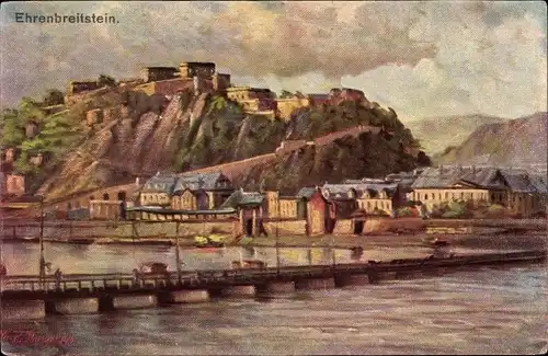 Künstler Ak Koblenz, Stolze Bergfeste Ehrenbreitstein mit Schiffbrücke
