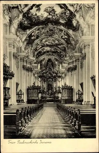 Ak Trier an der Mosel, Paulinuskirche, Inneres, Blick zum Altarraum, Deckenmalereien