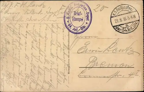 Ak Stempel Deutsche Feldpost 1. WK, 54. Inf. Div., 6. Komp. Rekruten Depot