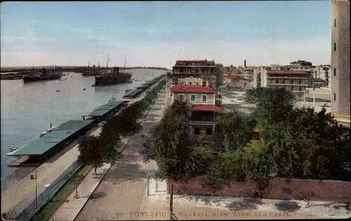 Ak Port Said Ägypten, Vue générale sur la Ville et le Canal