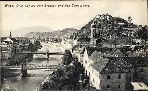 Ak Graz Steiermark, Drei Brücken und Schlossberg