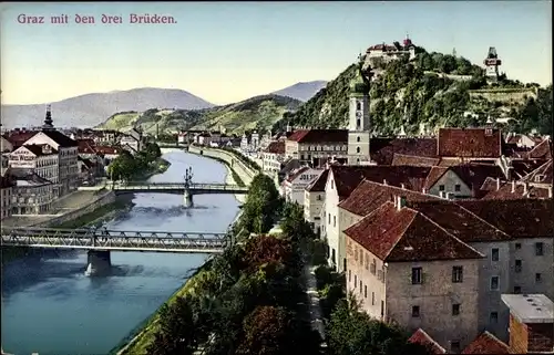 Ak Graz Steiermark, Drei Brücken und Schlossberg