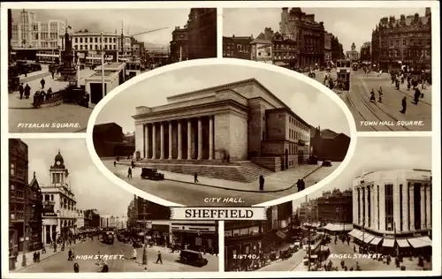 Ak Sheffield Yorkshire England, City Hall, Fitzalan Square, Town Hall Square, Angel Street, High Str