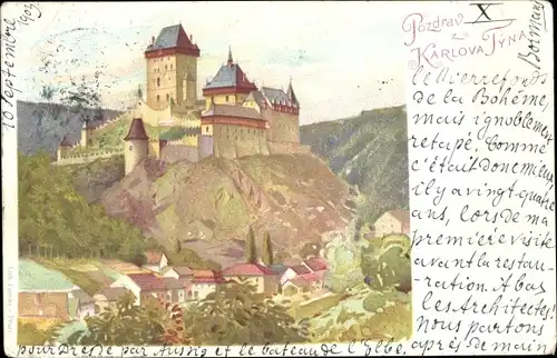 Künstler Ak Karlštejn Karlstein Mittelböhmen, Karlův Týn, Burg Karlstein