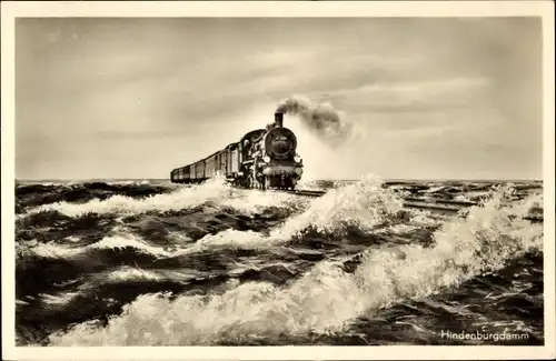 Ak Eisenbahn auf dem Hindenburgdamm nach Sylt, Dampflokomotive, Inselbahn