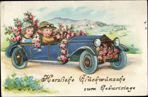Ak Glückwunsch Geburtstag, Paar im Automobil, Rosen