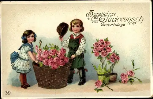 Ak Glückwunsch Geburtstag, Junge und Mädchen, Korb mit Rosen