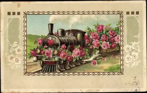 Präge Passepartout Eisenbahn, Lokomotive, Herz, Rosen