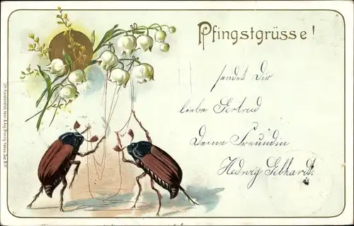 Litho Glückwunsch Pfingsten, Maikäfer, Maiglöckchen