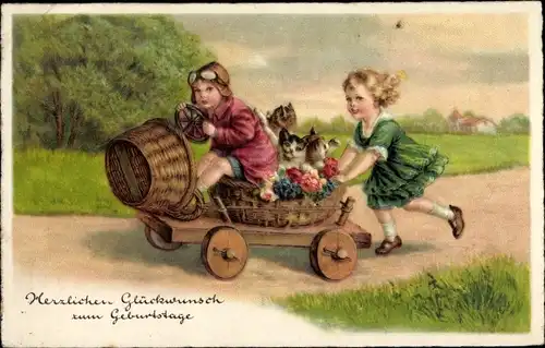 Ak Glückwunsch Geburtstag, Kinder, Automobil, Katzen, Blumen