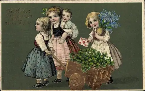 Präge Ak Glückwunsch Neujahr, Mädchen, Blumen, Glücksklee