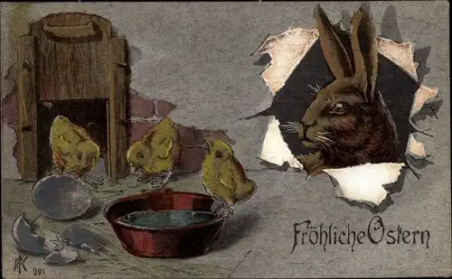 Ak Glückwunsch Ostern, Osterhase, Küken schlüpfen aus