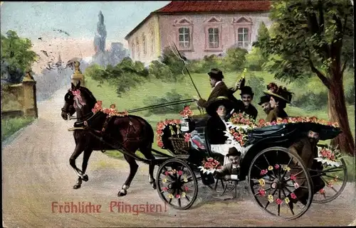 Ak Glückwunsch Pfingsten, Kutsche, Blumen, Pferd, Villa