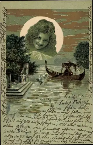Litho Paar in einer Gondel, Frauenbildnis über den Bergen, Sterne