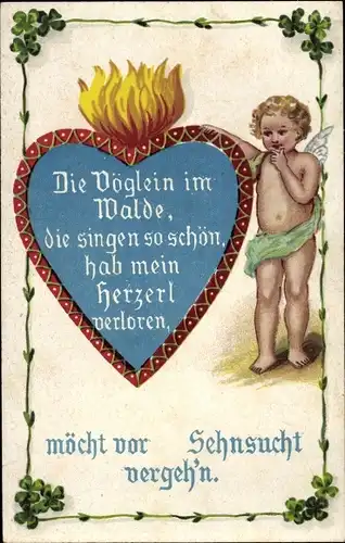 Ak Die Vöglein im Walde, die singen so schön..., Amor, Glücksklee