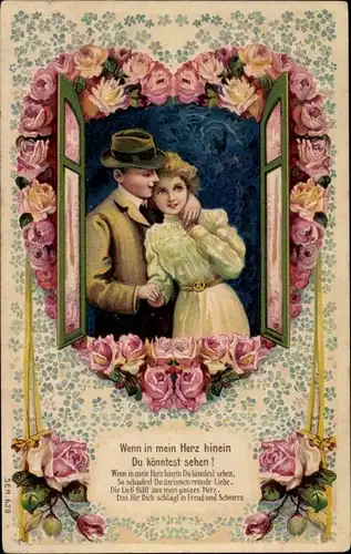 Präge Passepartout Ak Liebespaar, Rosen, Wenn in mein Herz hinein, Du könntest sehen