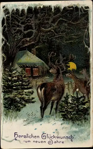 Ak Glückwunsch Neujahr, Hirsch, Reh, Wohnhaus, Baum