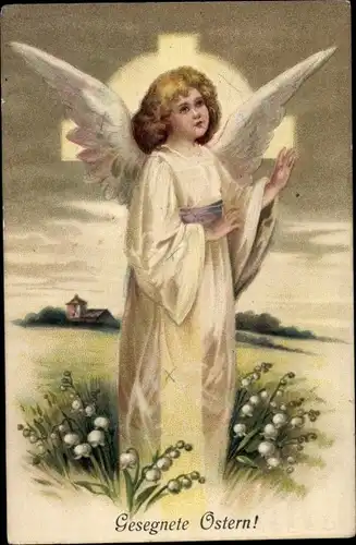 Präge Ak Glückwunsch Ostern, Engel, Maiglöckchen