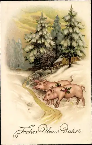 Ak Glückwunsch Neujahr, Schweine, Stechpalme, Tannenbäume