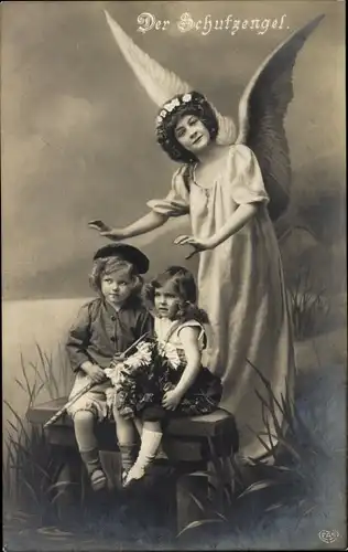Ak Schutzengel wacht über zwei Kinder am Teich, EAS