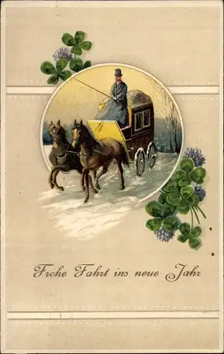 Präge Ak Glückwunsch Neujahr, Kutsche, Glücksklee