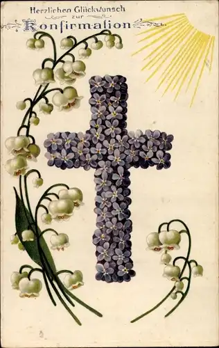 Präge Ak Glückwunsch Konfirmation, Kreuz, Veilchen, Maiglöckchen