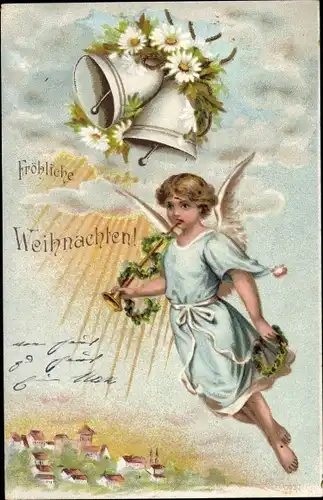 Litho Glückwunsch Weihnachten, Engel, Glocken, Margeriten