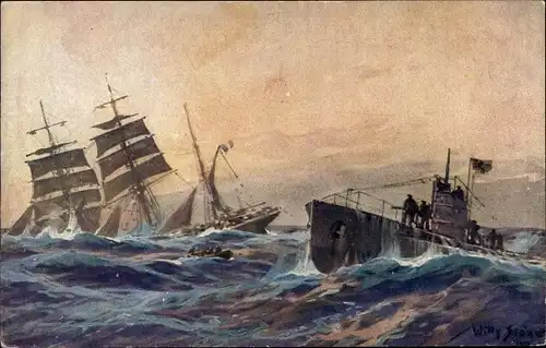 Künstler Ak Stöwer, Willy, Deutsches U Boot versenkt französische Bark, Atlantik, U-Boot Spende 1917